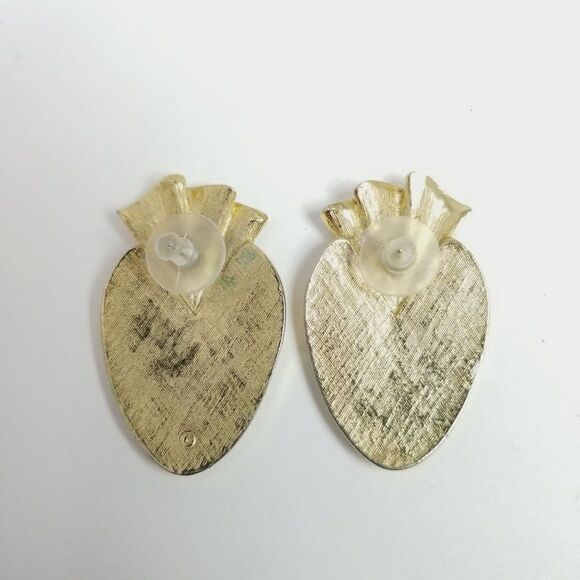 Vintage Yellow Enamel and Gold Tone Fan Shaped Oval Stud 80s Style Earrings - Picture 3 of 6